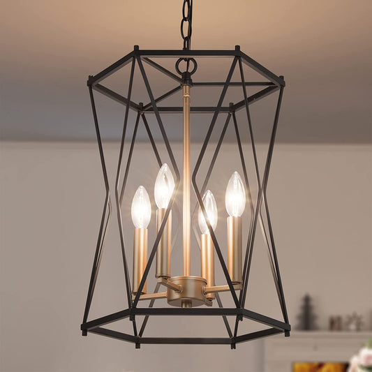 Black and Gold Chandelier, Modern 4 Light Chandelier Light Fixture with Cage Shape for Dining Room, Bedroom, Living Room, Kitchen Island and Foyer