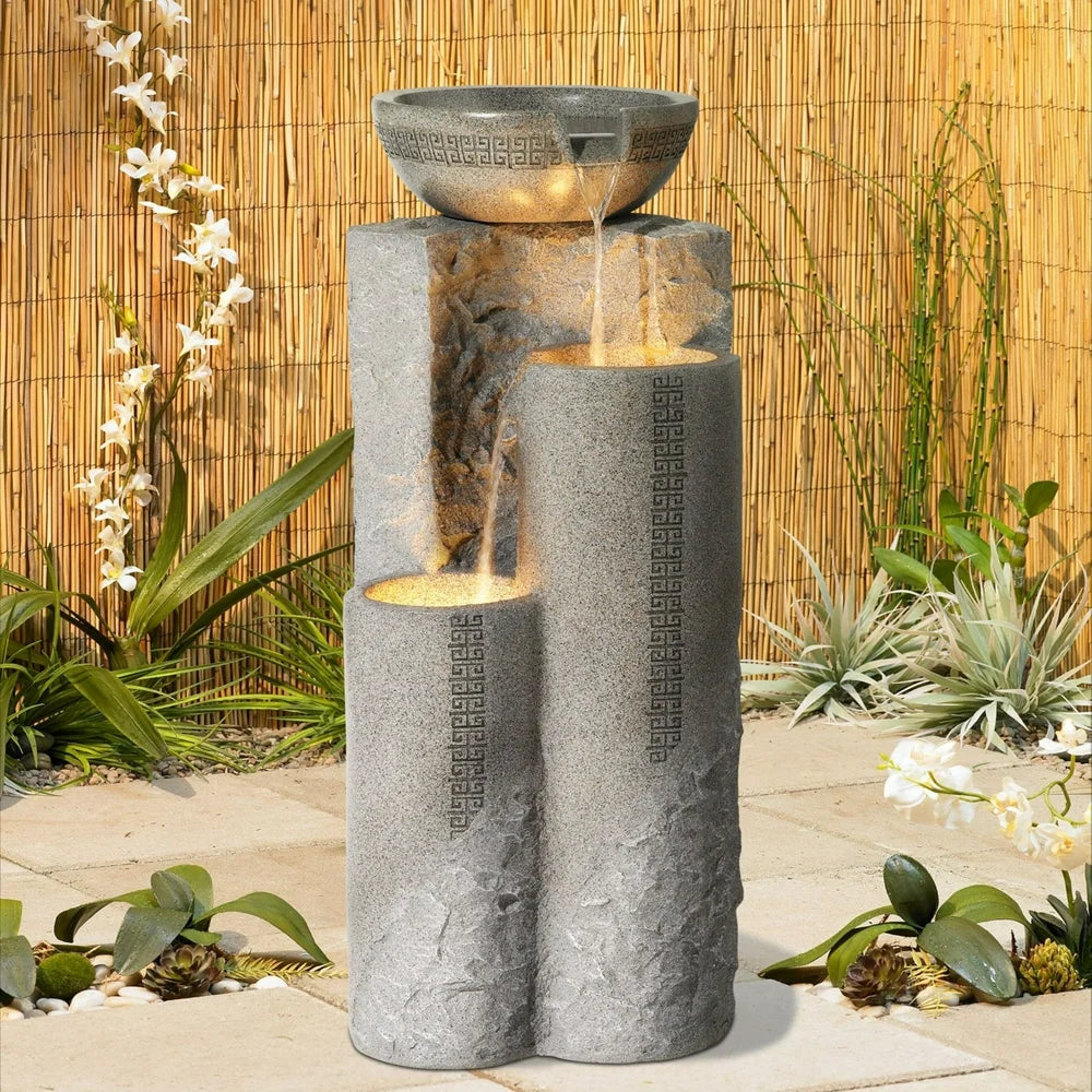 Bowl and Pillar Modern Zen Cascading Outdoor Floor Water Fountain with LED Light 34 1/2" for Yard Garden Patio Home Deck Porch House