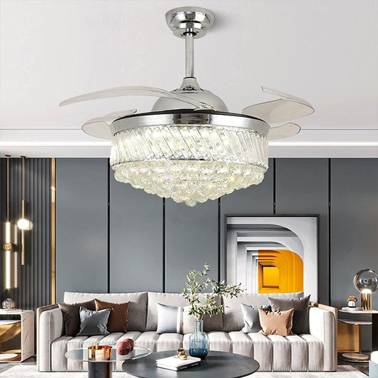 42" Crystal Fandelier Modern Ceiling Fan with Lights Retractable Blade Ceiling Fan Chandelier with Remote,Indoor LED Quiet Ceiling Fan Silver