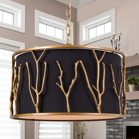 4-Light Drum Pendant Chandelier with Black Fabric Shade and Antique Copper Frame, 15.5” round Light Fixture with Adjustable Chain for Dining & Living Room, Bedroom, Foyer, Kitchen